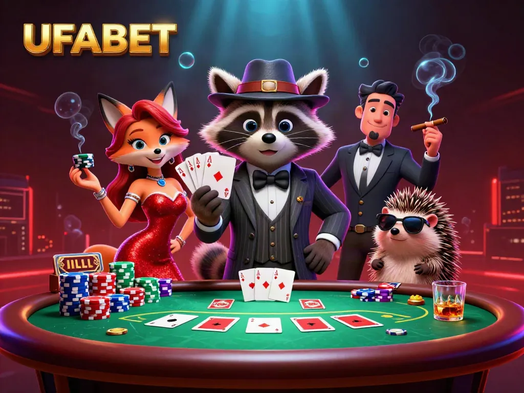 Experience winning at UFABET with a raccoon, fox, and hedgehog at a vibrant poker scene.
