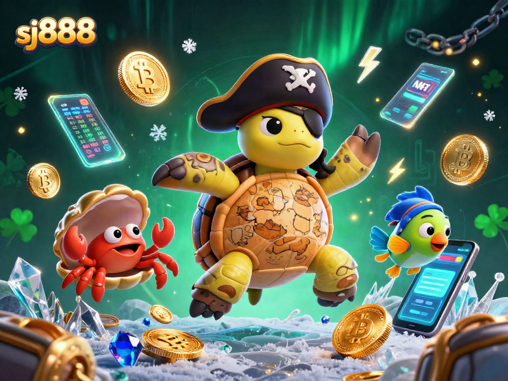 Sj888 engages players with a colorful 3D pirate-themed casino illustration featuring turtles, coins, and crypto elements.
