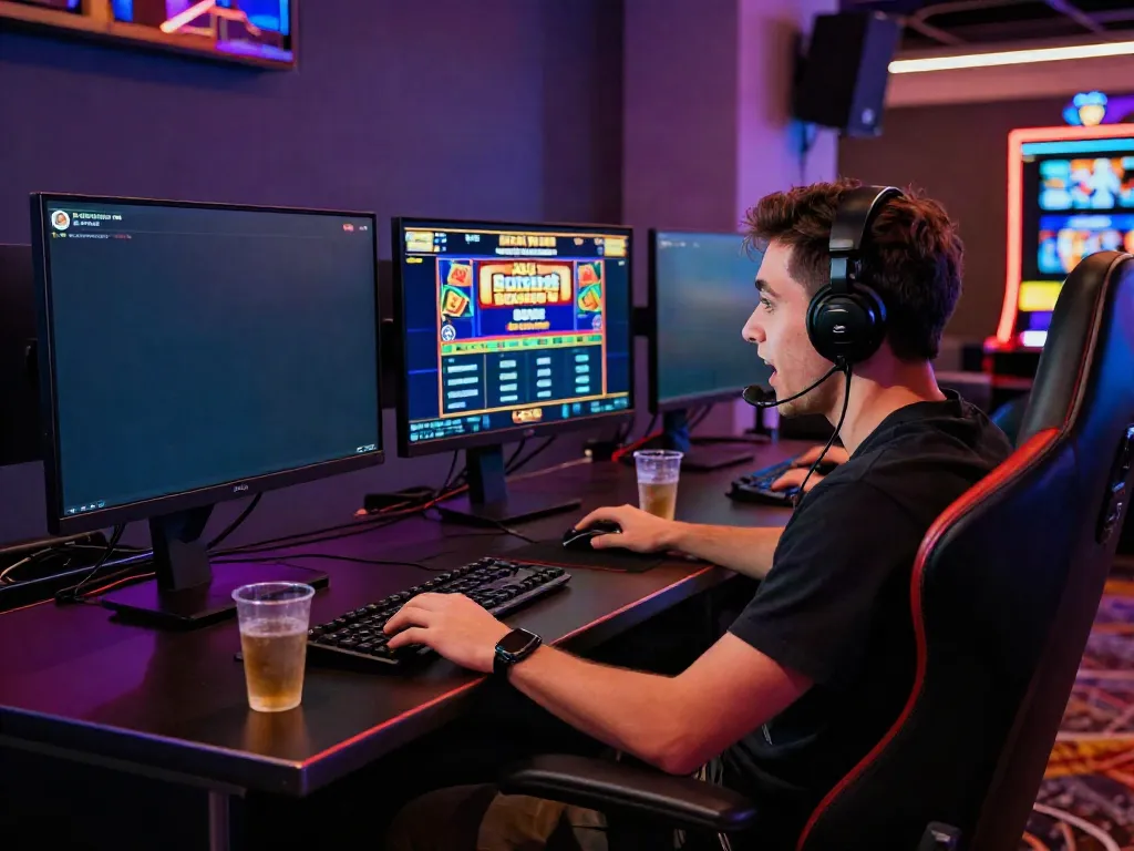 Casino Bonus ohne Einzahlung: Spieler genießt aufregendes Online-Casino-Erlebnis an modernem Gaming-PC.