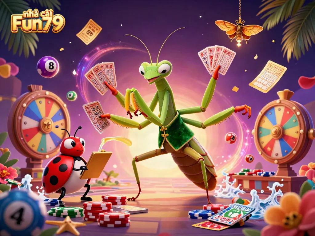 Experience the thrill of gaming with nhà cái Fun79 featuring vibrant casino elements like cards, chips, and lottery balls.