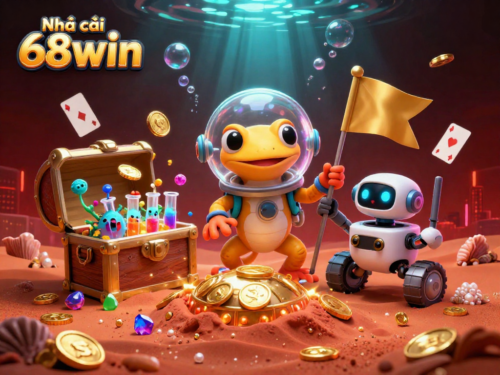 Explore the universe of Nhà cái 68win with the Martian gecko at a golden casino, celebrating with treasures.