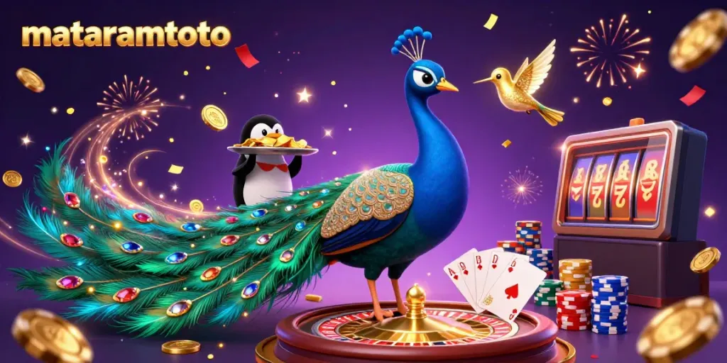 Mataramtoto showcases a vibrant 3D casino scene with a peacock, penguin, and hummingbird interacting amidst golden coins and playing cards.