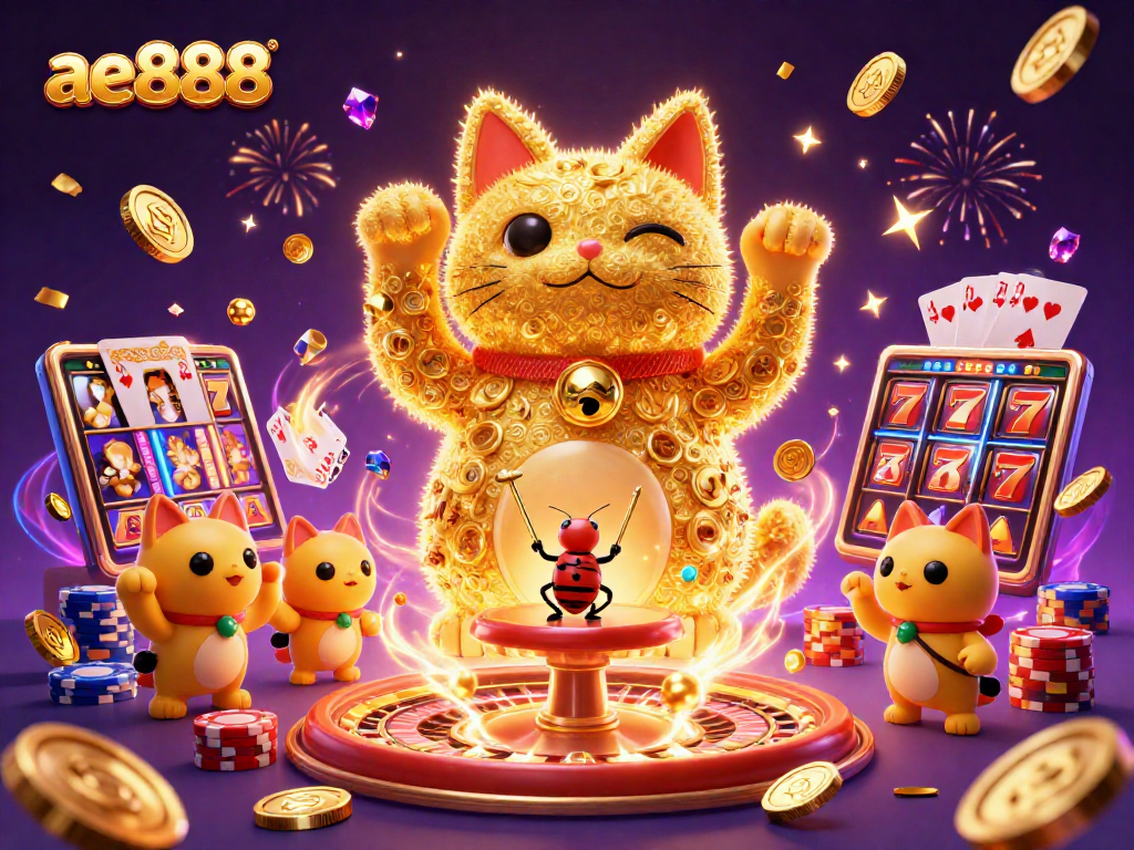 Play exciting slots with ae888, illustrated by a vibrant lucky cat and casino elements.