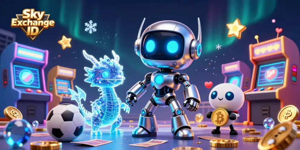 Engage with Sky Exchange ID for sports betting excitement, featuring dynamic robots and vibrant gaming elements.