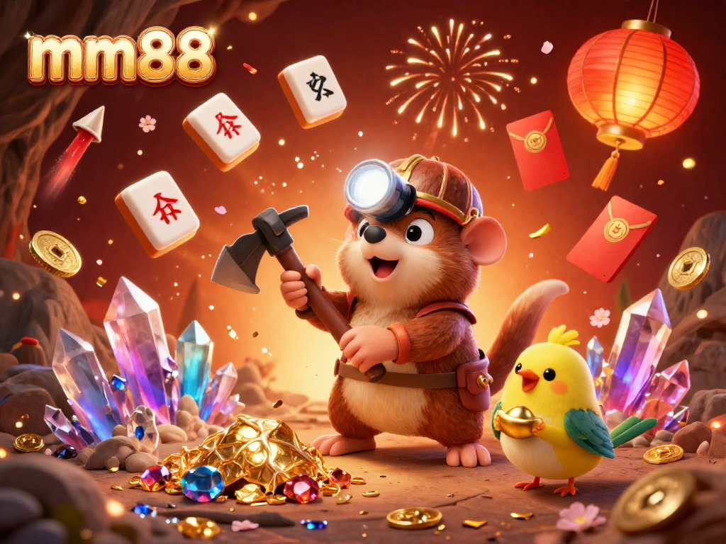Experience big wins with mm88 in a vibrant 3D illustration showcasing a treasure hunter mole amidst sparkling casino elements.