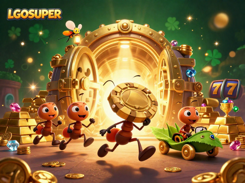 Team of ants engaged in a heist for the LGOSUPER poker chip surrounded by piles of treasure.