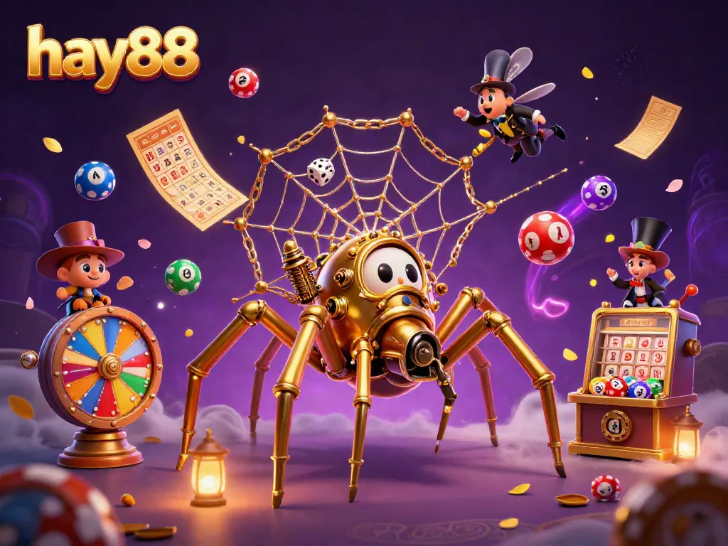 Experience gaming excitement with hay88's steampunk spider and vibrant bingo elements.