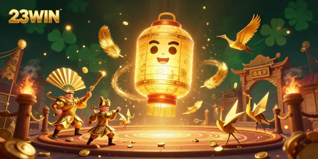 Experience the thrill of 23WIN with a vibrant 3D casino scene filled with lucky symbols and golden lantern spirits.