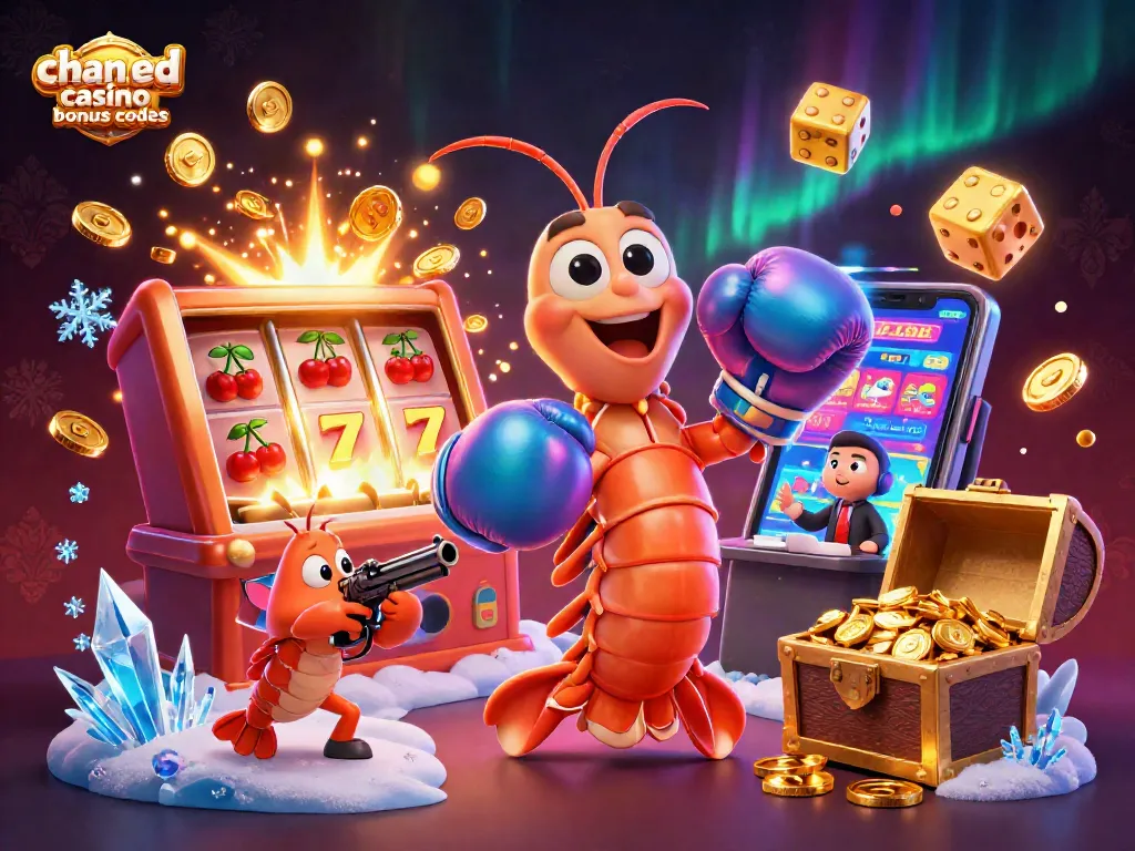 Experience chanced casino bonus codes with vibrant 3D shrimp characters amidst casino game excitement.
