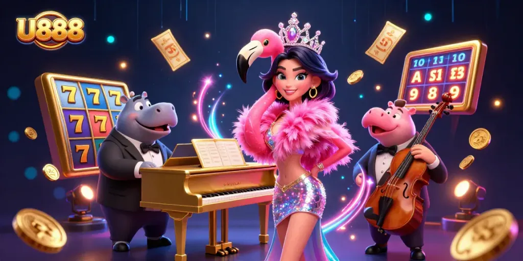 Experience U888 excitement with vibrant casino characters amid dazzling slot reel action.