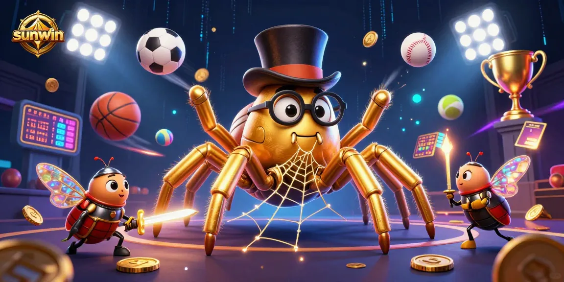 Experience the sunwin magic with a casino scene featuring a giant tarantula and charming beetle knight.