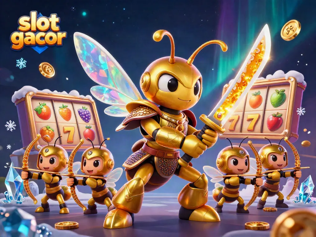 Slot gacor menampilkan hornet raksasa dalam armor samurai, memegang katana madu, dikelilingi simbol slot yang menarik.