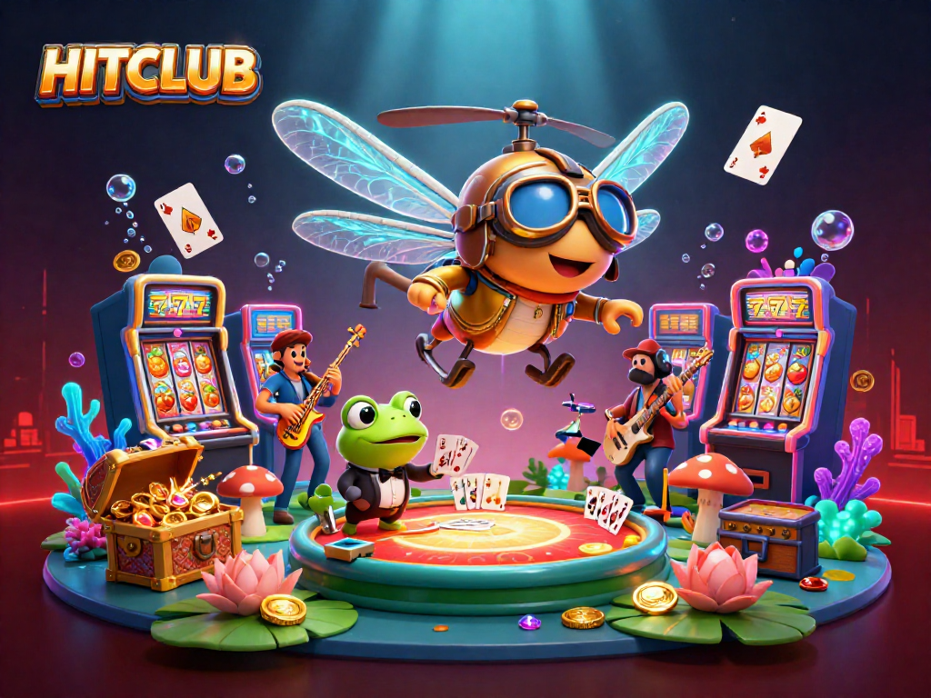 Join the fun at HITCLUB, where a frog croupier deals cards amid vibrant casino adventures.