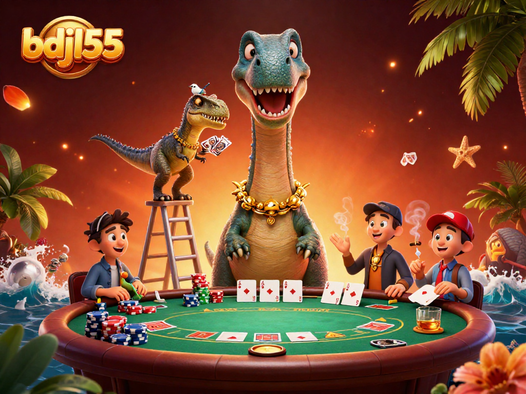 Experience the thrill of bdjl55 with epic poker gameplay featuring a playful brontosaurus and raptor dealer.