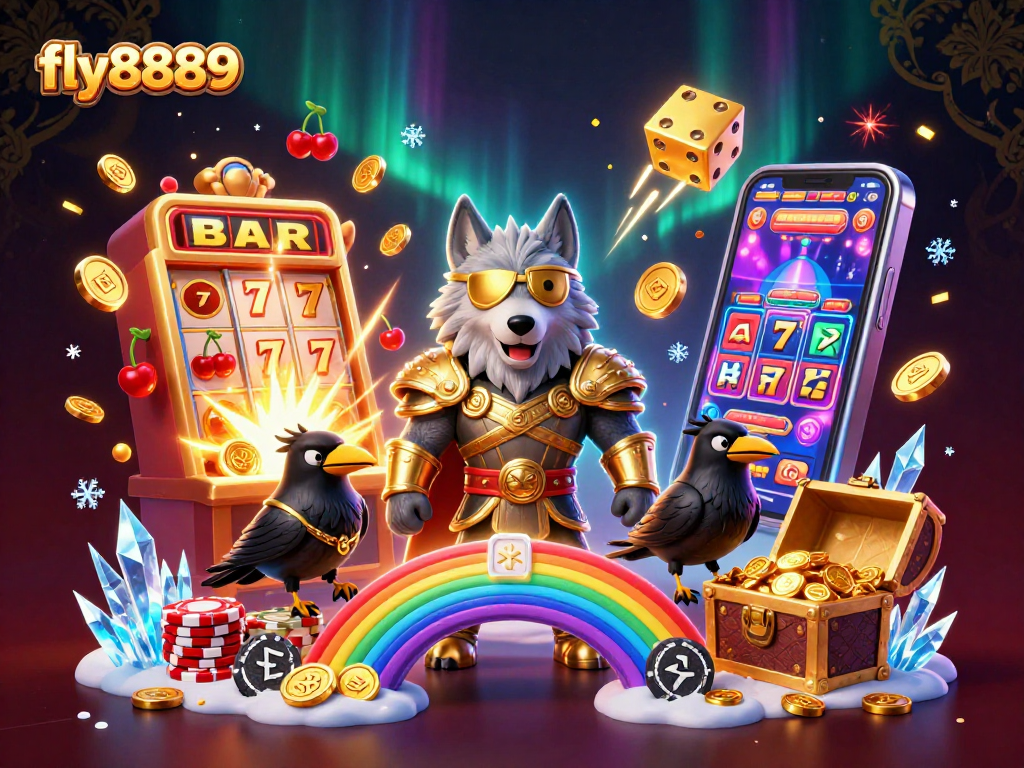 Experience excitement with fly8889's slot machine jackpot burst, Odin, and ravens surrounded by casino elements.
