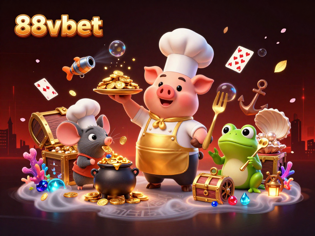 Experience the thrill of 88vbet with a vibrant scene of cartoon characters, gold coins, and dynamic casino elements.
