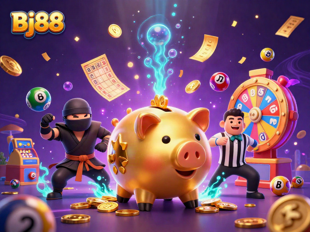 Bj88 showcases vibrant colors in a thrilling 3D casino scene with interactive elements and characters.
