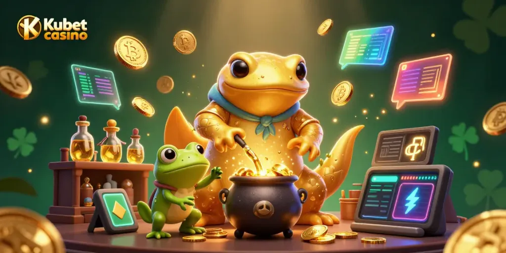Engage in thrilling gaming at Kubet casino with enchanting alchemical visuals and vibrant crypto elements.
