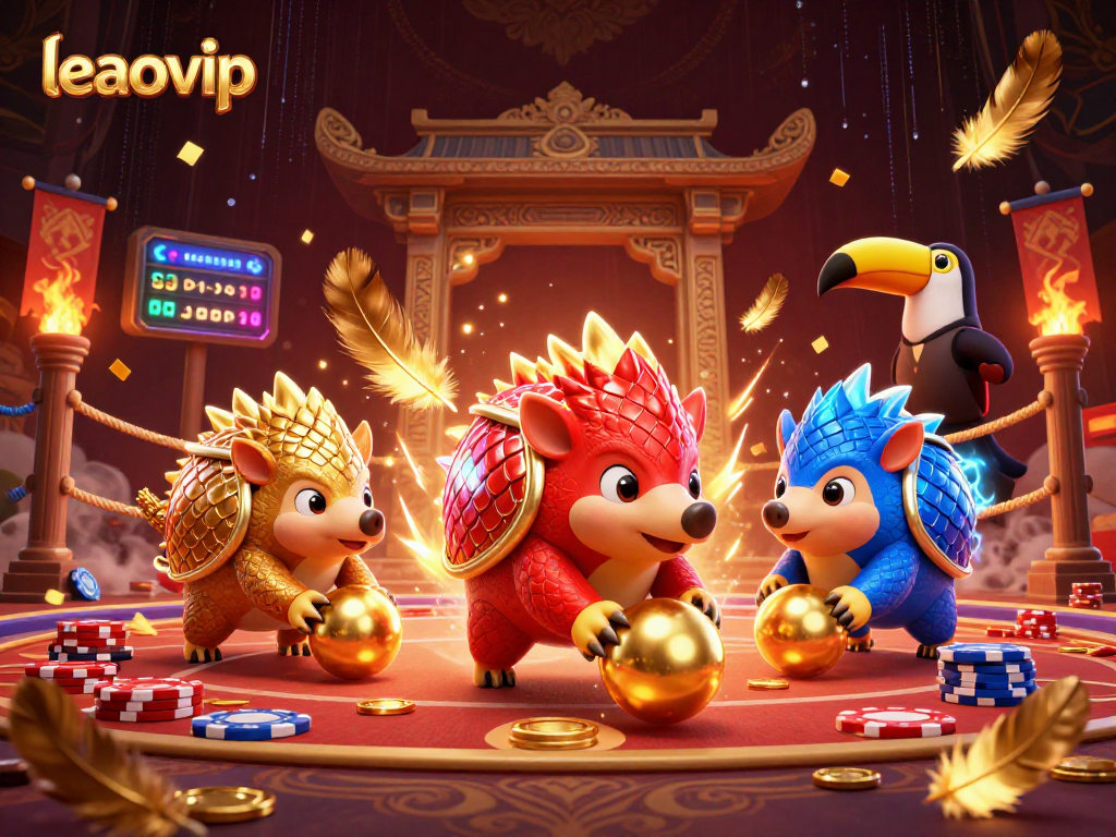 leaovip merayakan kemenangan dengan pangolin bersaing di arena kasino ditutupi koin emas.