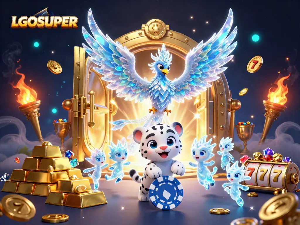 Experience thrilling gaming moments with LGOSUPER's vibrant 3D casino illustration featuring iconic elements.