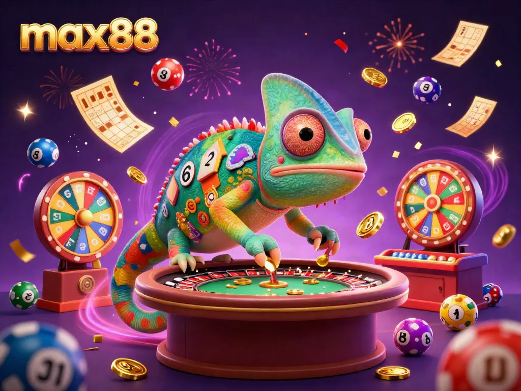 Engage in thrilling gameplay at max88 with a vibrant 3D casino scene featuring a color-shifting chameleon and dynamic lottery elements.