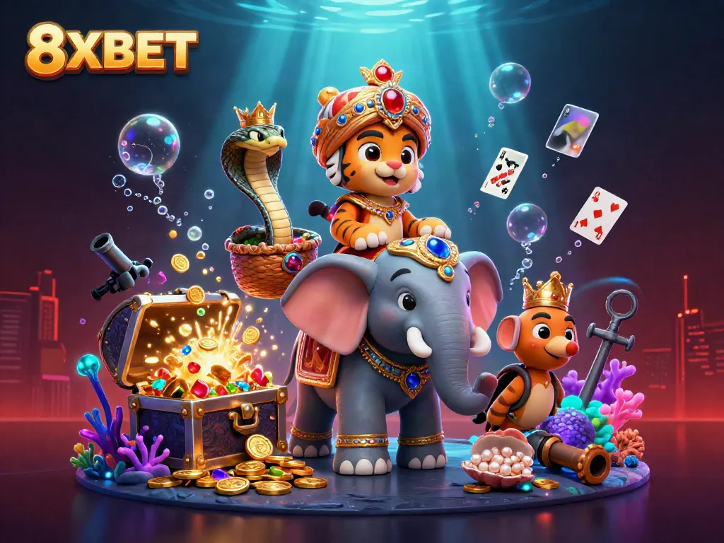 Engage in thrilling casino gameplay with 8XBET's festive 3D illustration, showcasing vibrant characters and games.