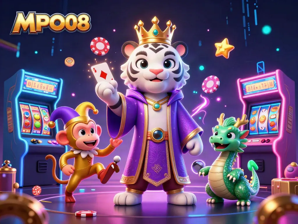 MPO08 engages gamblers with a vibrant 3D scene featuring a royal white tiger and a monkey juggling poker chips.