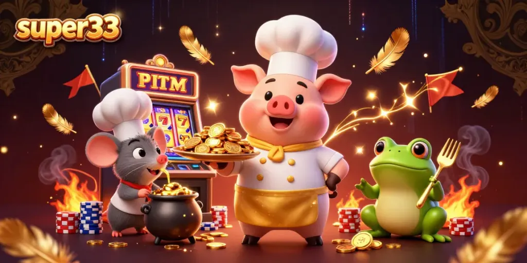 Engage with super33 as a chef pig serves gold coins in a vibrant casino scene.