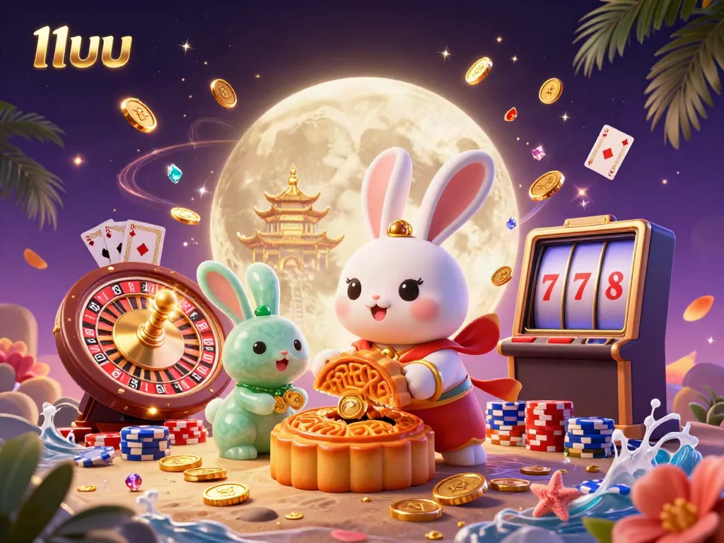 Engage in casino fun with 11uu's vibrant 3D illustration featuring a moon rabbit and poker chips.