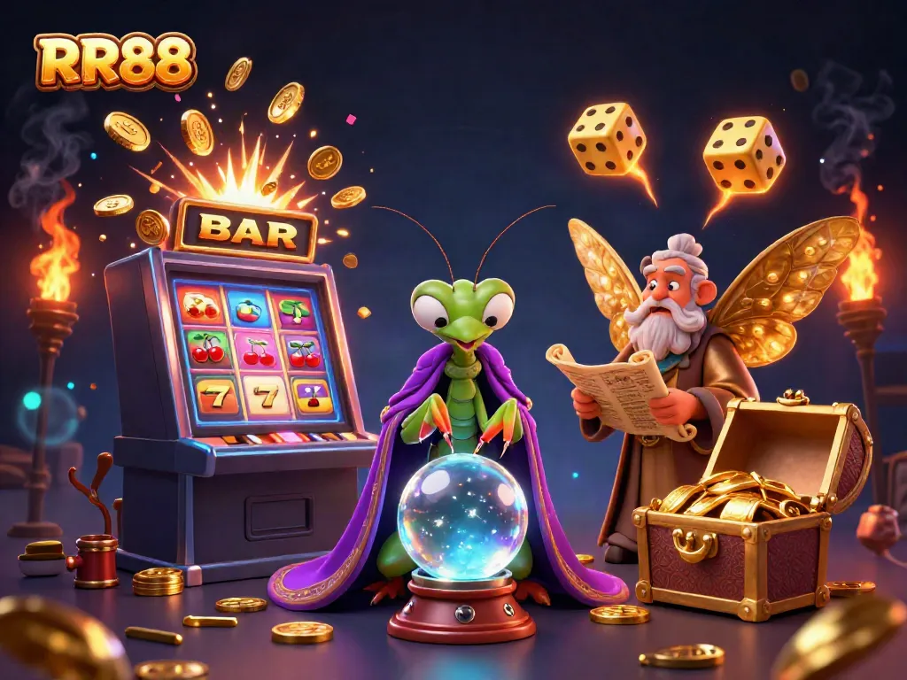 Experience RR88, the online casino, with vibrant characters and dynamic gaming elements in this detailed 3D illustration.