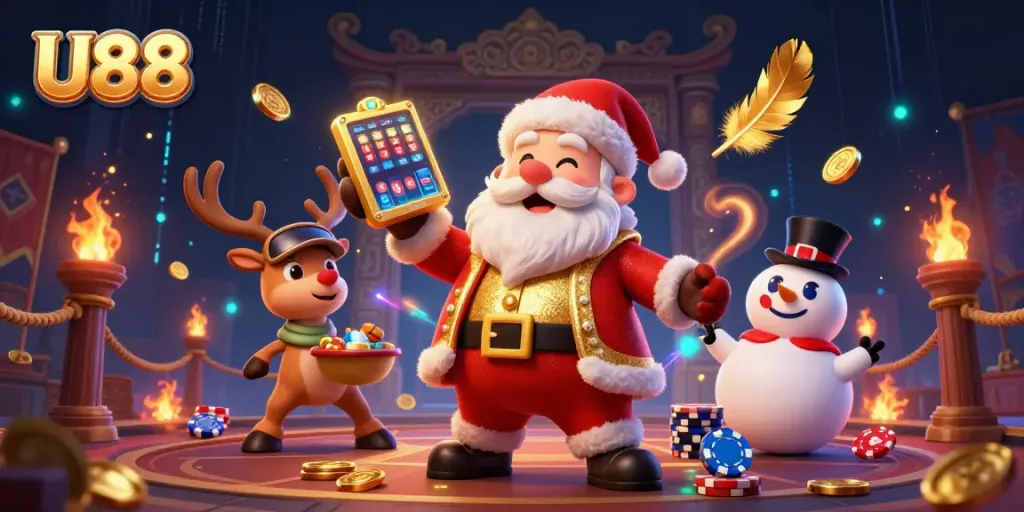 Experience the thrill of U88 with a festive casino scene featuring characters and dynamic game elements.