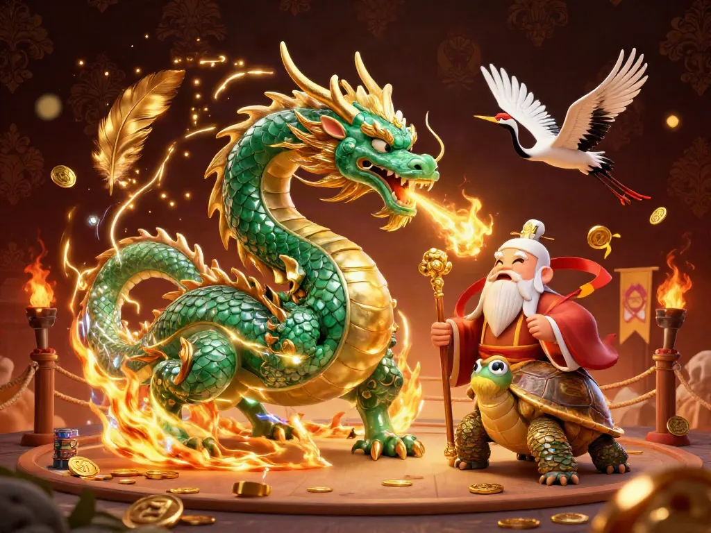 BANGSAWAN88 showcases an emerald jade dragon, wise turtle sage, and lucky cranes in an intricately designed casino scene.