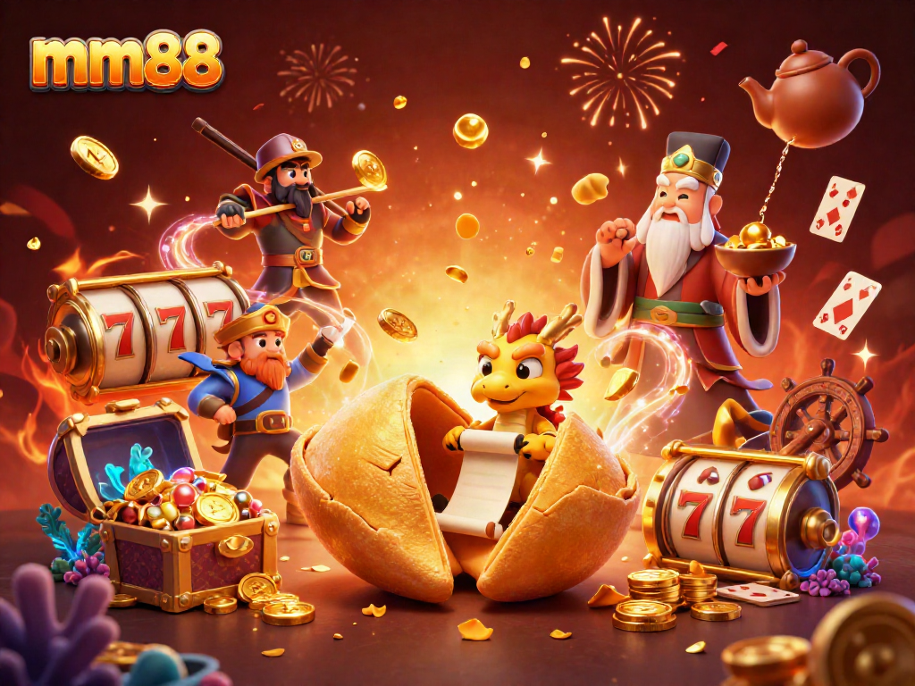 Engage with mm88's thrilling casino atmosphere featuring a golden fortune cookie alongside vibrant slot elements.