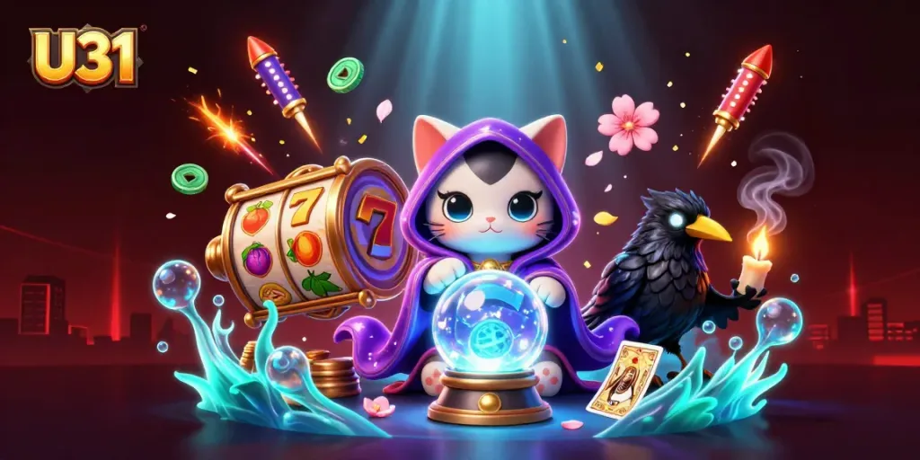 Experience thrilling gameplay at U31 with vibrant slots, surrounded by stunning visuals and mystical elements.