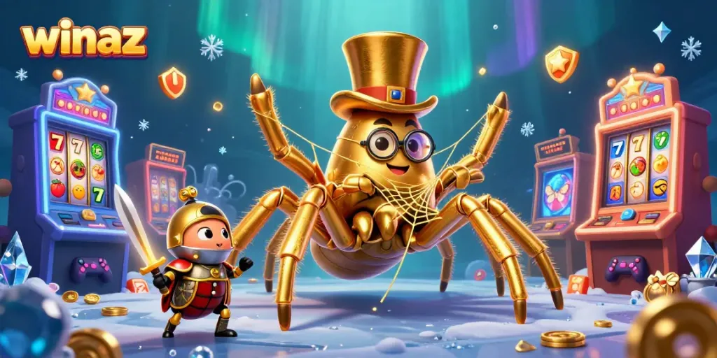 winaz slot gaming adventure with a golden tarantula and beetle knight amidst festive attractions