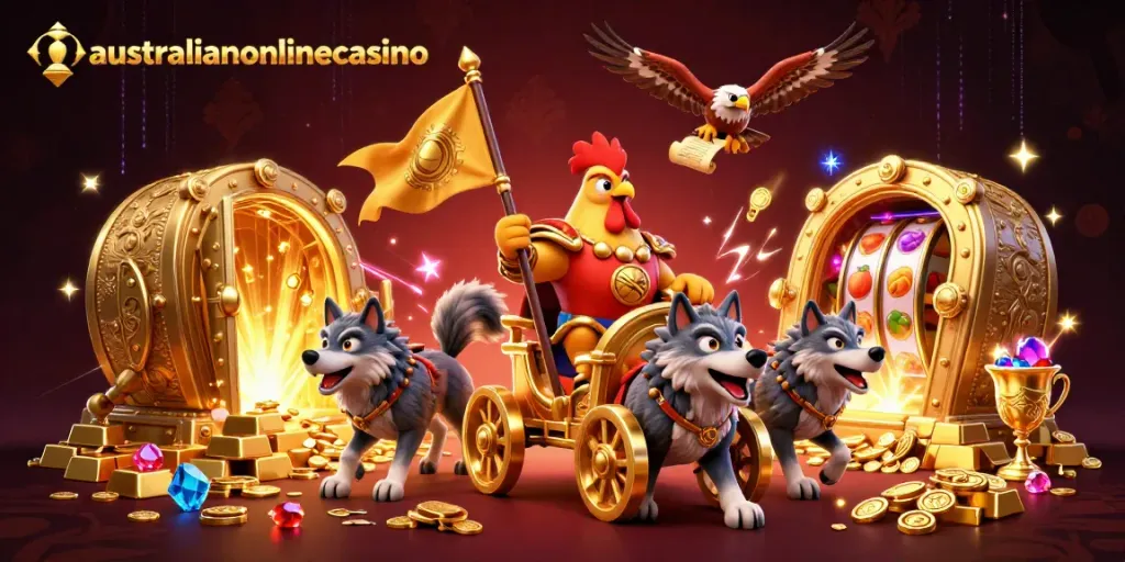 A vibrant scene showcasing the australianonlinecasino with a rooster warlord, golden treasures, and dynamic gaming elements.