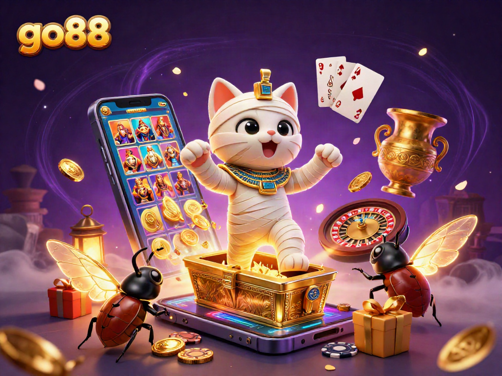 Experience the excitement of go88 with a vibrant 3D illustration featuring casino elements and characters.