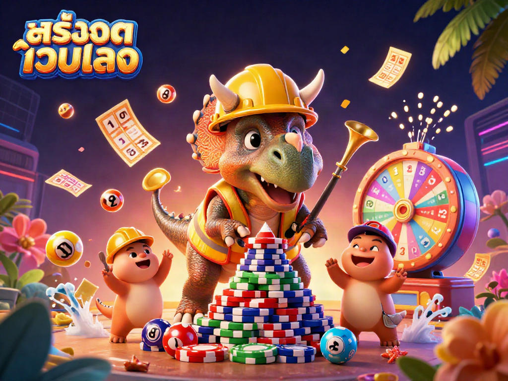 Engage with สล็อตเว็บตรง through an exciting scene of triceratops and parasaurolophus celebrating in a casino.