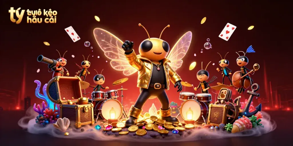 Experience thrilling matches with tỷ lệ kèo nhà cái; a vibrant scene of a rock star cicada and friends.