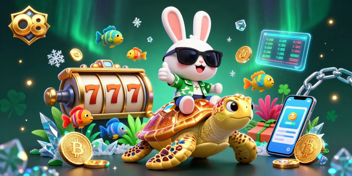 Play dynamic casino slots with O8 in this colorful 3D illustration of a lucky rabbit and sea turtle.