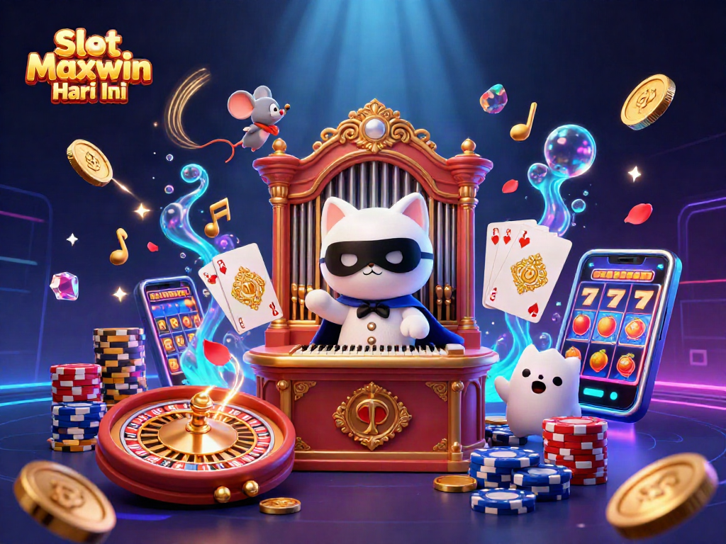 Spin the reels with Slot Maxwin Hari Ini in a vibrant casino scene featuring lucky charms and jackpots.
