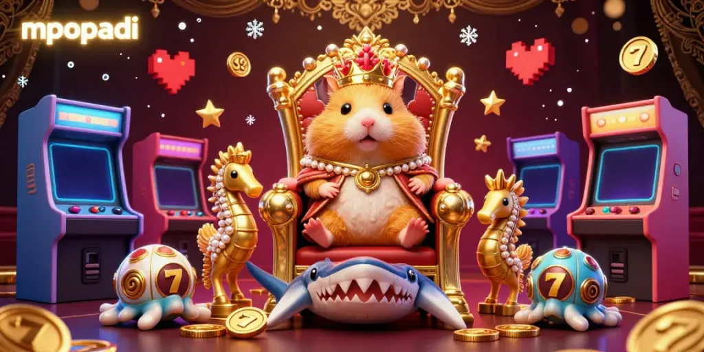 Spin and win at MPOPADI with this captivating golden hamster king and slot reels illustration.