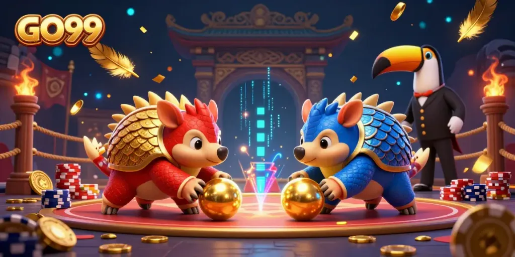 Engage in vibrant casino action with GO99 featuring rival pangolins bowling poker chips in a dramatic 3D scene.
