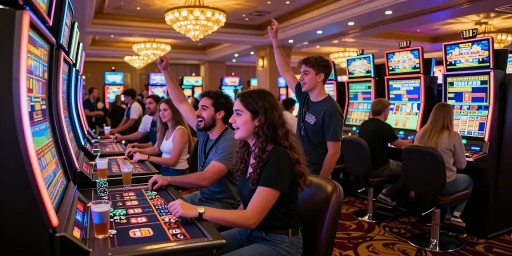 Friends celebrating a win at slot888 gaming machine in vibrant casino.