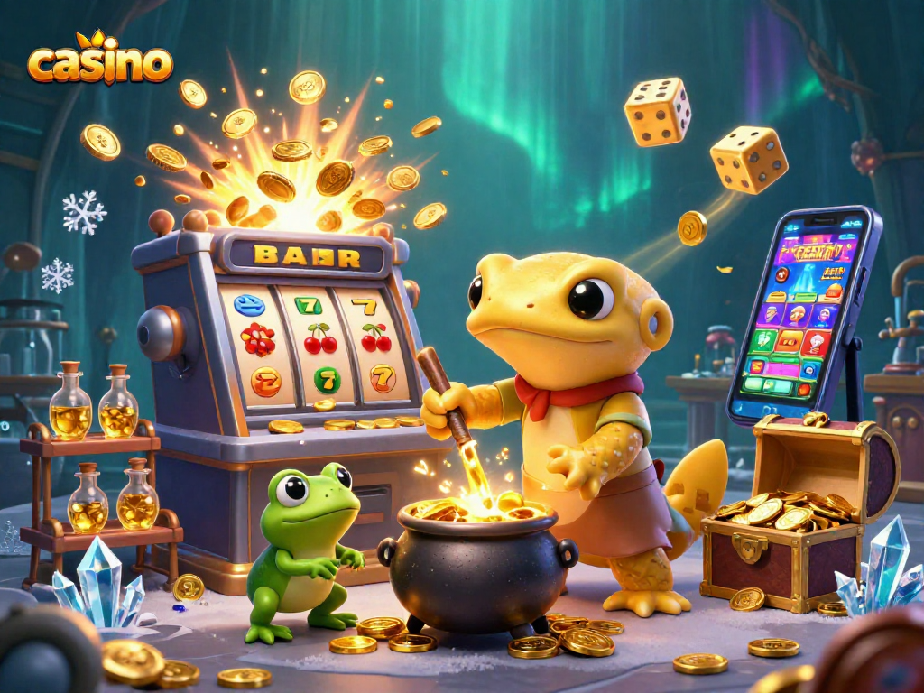 Experience the excitement of the casino with a dynamic scene of gold coins, slots, and alchemical magic.