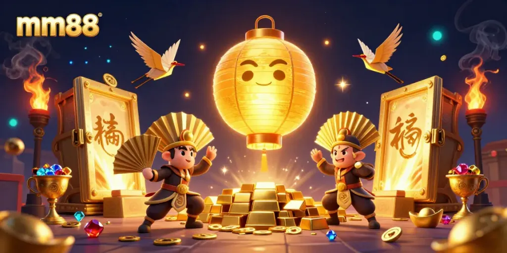 Experience vibrant mm88 action with a glowing spirit and golden treasures in a dynamic casino scene