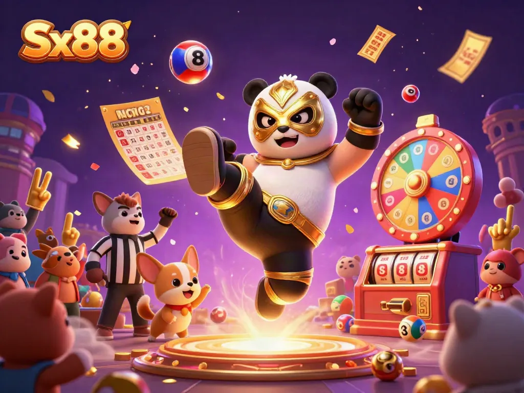 Sx88 visualizing a vivid gambling scene with a wrestling panda, referee, and casino elements