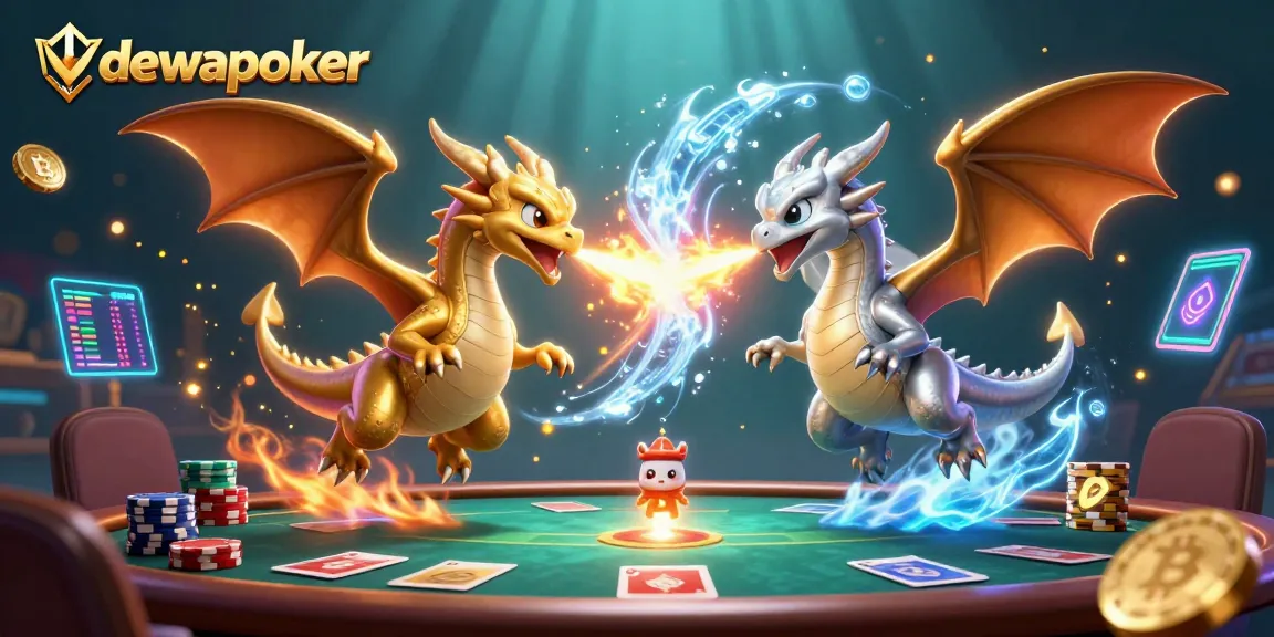 Engage in excitement at Dewapoker with 3D dragons and poker elements in a vibrant casino atmosphere.