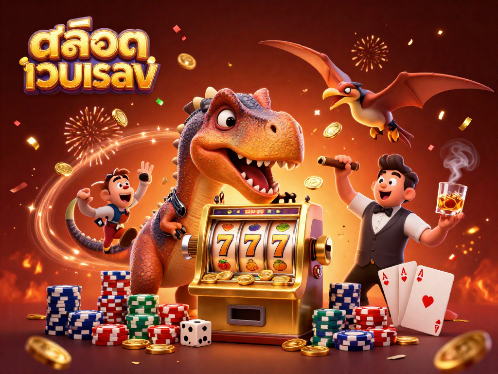 Enjoy thrilling moments in สล็อตเว็บตรง as a giant dinosaur wins golden coins in a dynamic casino scene.