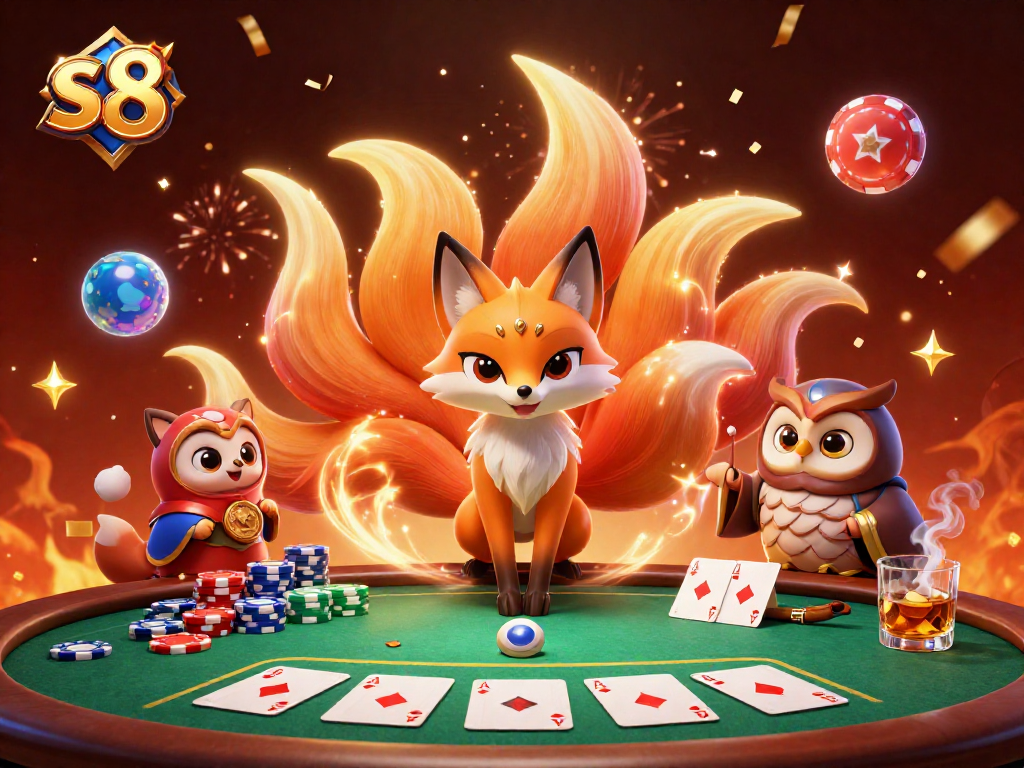 Engage with s8's vibrant casino spirit featuring animated characters and poker elements.
